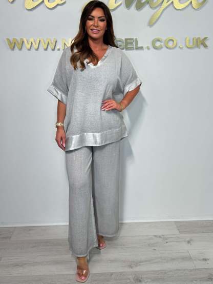 Satin Trim V-Neck Two Piece Set (Buy 2 Free Shipping)