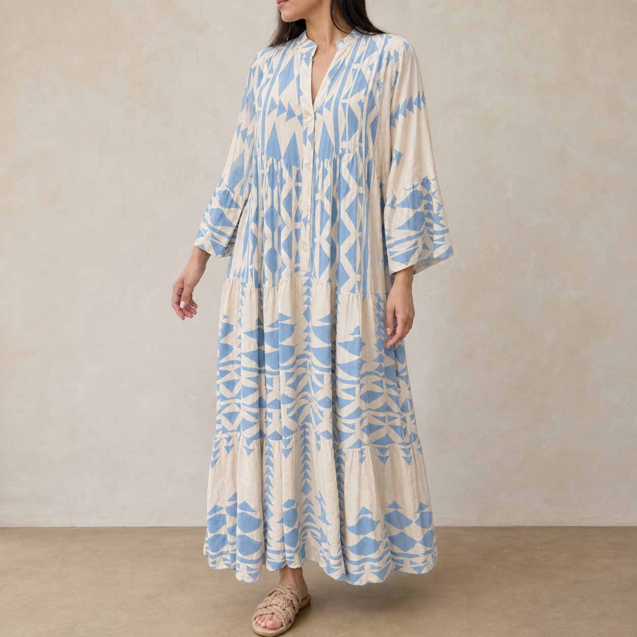 []Geometric Print Boho Tiered Maxi Dress