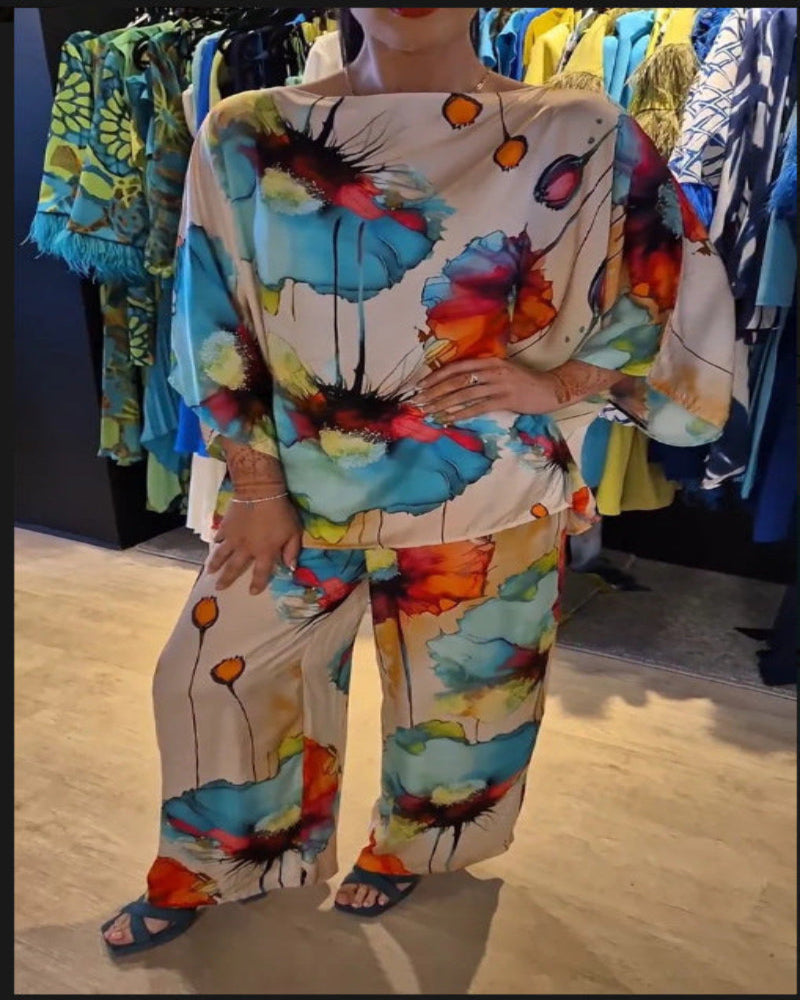 Watercolor Floral Wide-Leg Two-Piece Set (Buy 2 Free Shipping)