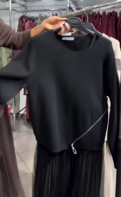 European And American Cross-Border Autumn And Winter New Amazon Independent Station Women'S Round Neck Knitting Stitching Mesh Skirt Casual Dress