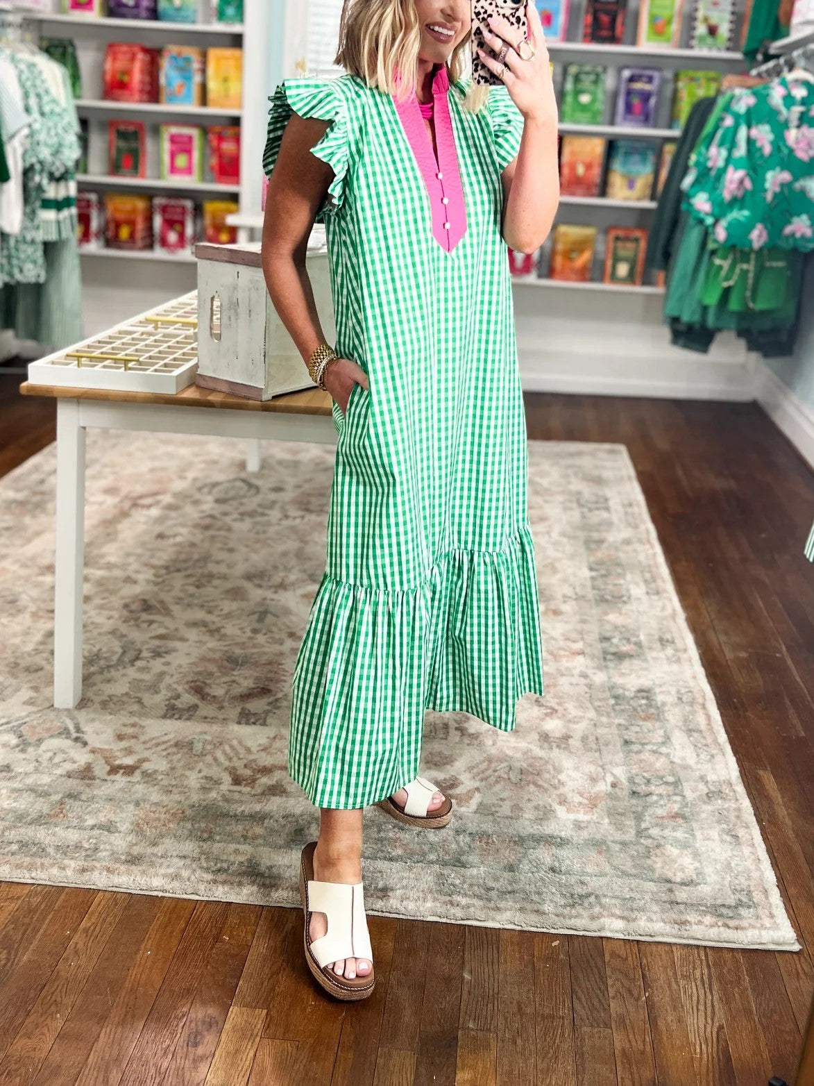 Colorblock Gingham Ruffle Maxi Dress (Buy 2 Free Shipping)