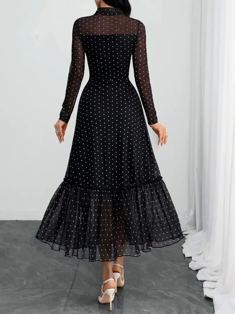 Elegant Polka Dot Bow Neck Mesh Dress (Buy 2 Free Shipping)