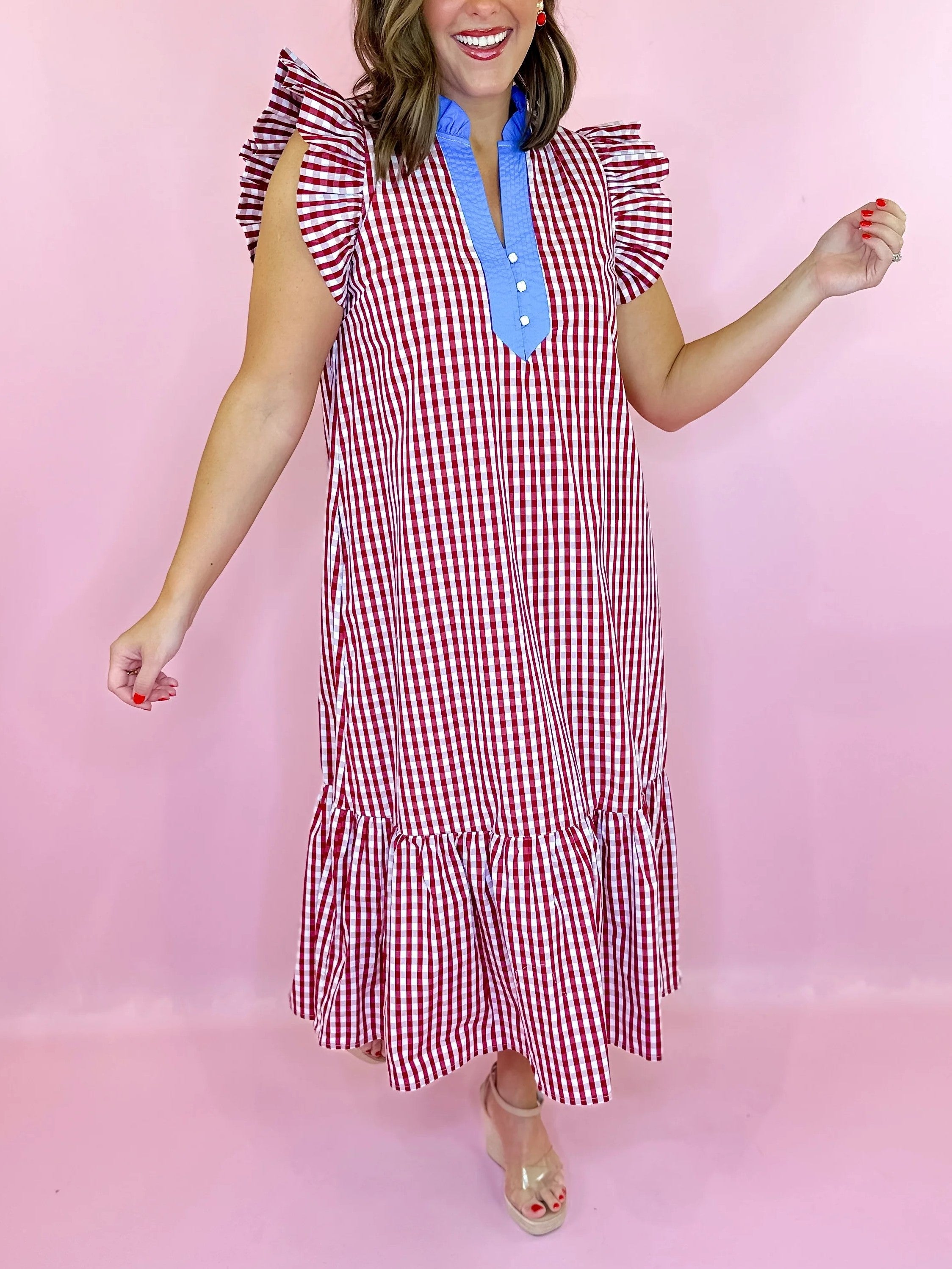 Colorblock Gingham Ruffle Maxi Dress (Buy 2 Free Shipping)