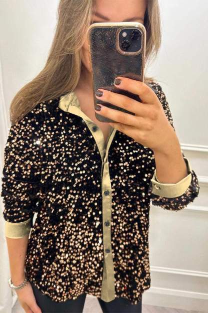 Lapel Single Row Sparkly Party Shirt (Buy 2 Free Shipping)