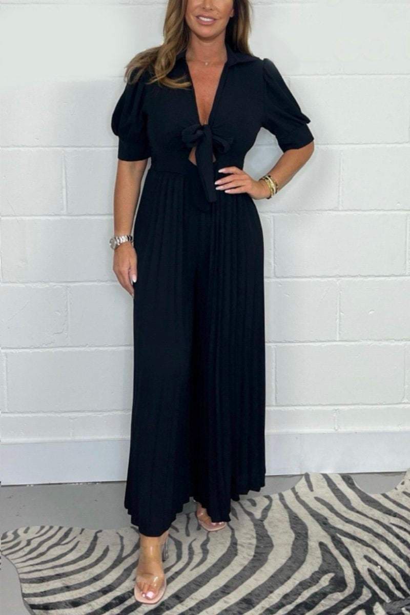 Elegant Puff Sleeve Tie Front Pleated Wide-Leg Jumpsuit
