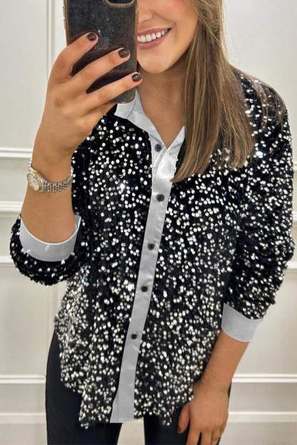 Lapel Single Row Sparkly Party Shirt (Buy 2 Free Shipping)