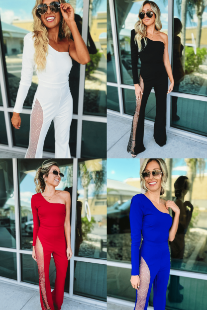 One Shoulder Mesh Rhinestone Jumpsuit (Buy 2 Free Shipping)