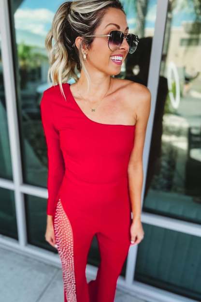 One Shoulder Mesh Rhinestone Jumpsuit (Buy 2 Free Shipping)