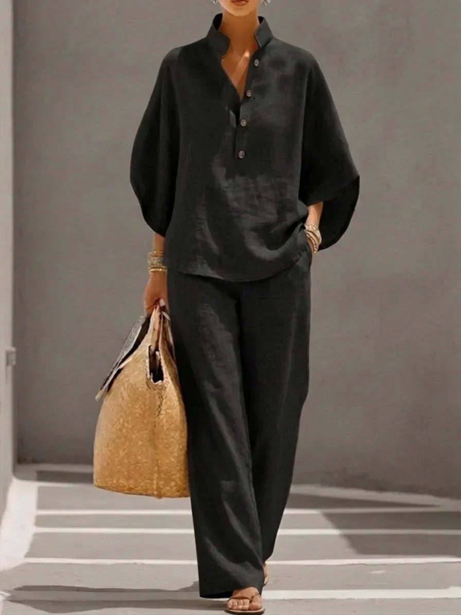 Linen Set with Batwing Sleeves and Wide Pants