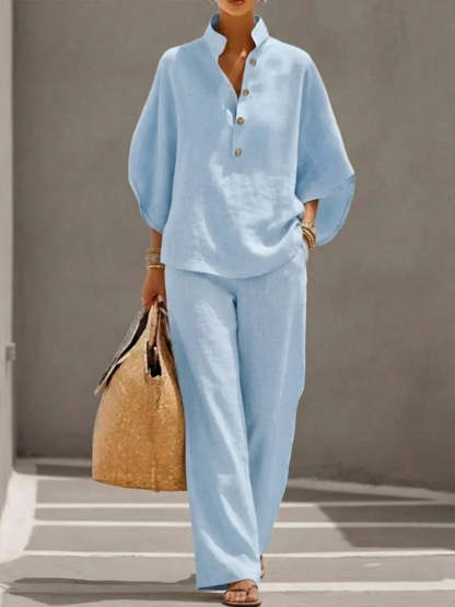 Linen Set with Batwing Sleeves and Wide Pants