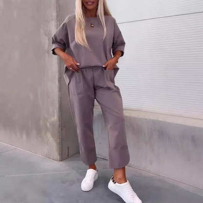 Solid Color Casual Top & Pants with Pockets Set