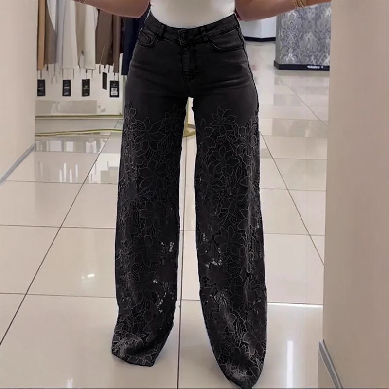 Floral Lace Patchwork Wide Leg Denim Jeans (Buy 2 Free Shipping)