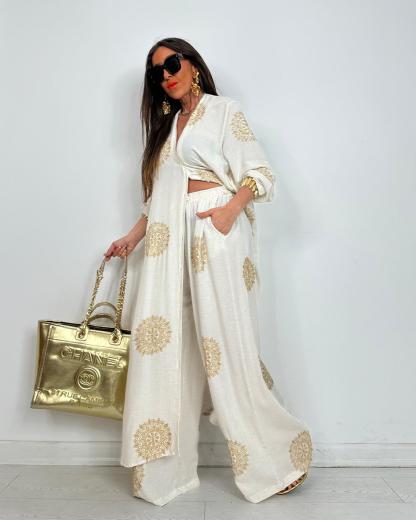 V-Neck Long Shirt and Elastic Waist Wide Leg Pants Set (Buy 2 Free Shipping)