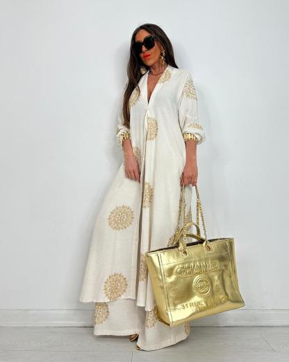 V-Neck Long Shirt and Elastic Waist Wide Leg Pants Set (Buy 2 Free Shipping)