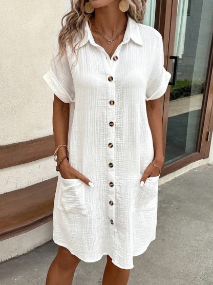 Relaxed Crinkle Button-Down Shirt Dress with Pockets (Buy 2 Free Shipping)
