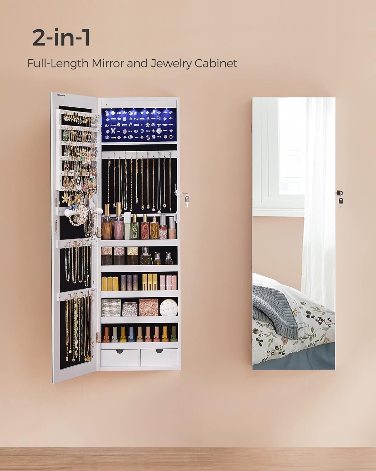 LEDs Mirror Jewelry Cabinet, 42.5-Inch Tall Lockable Wall or Door Mo