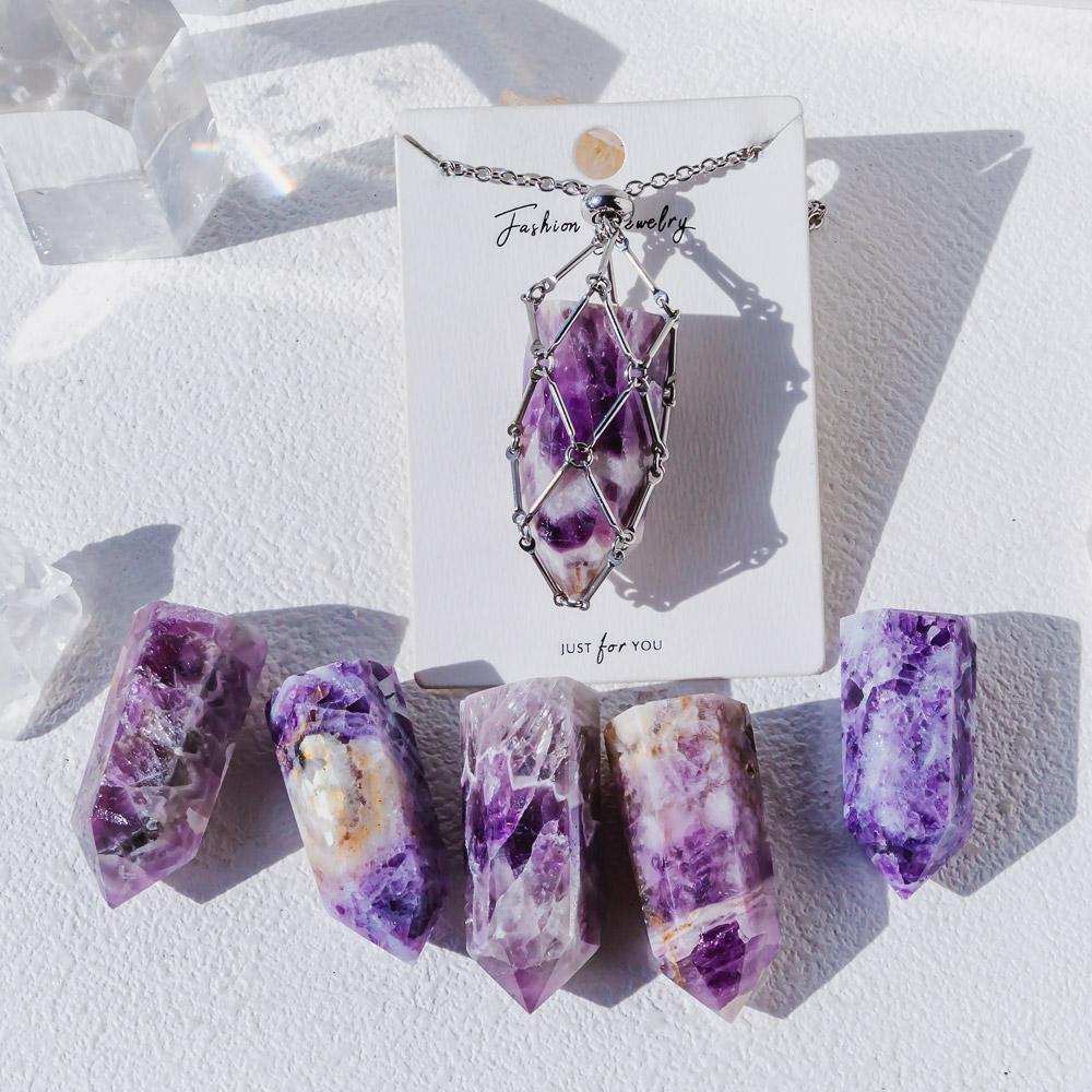 Reikistal Natural Crystal Net Metal Bamboo Necklace Woven Pendant