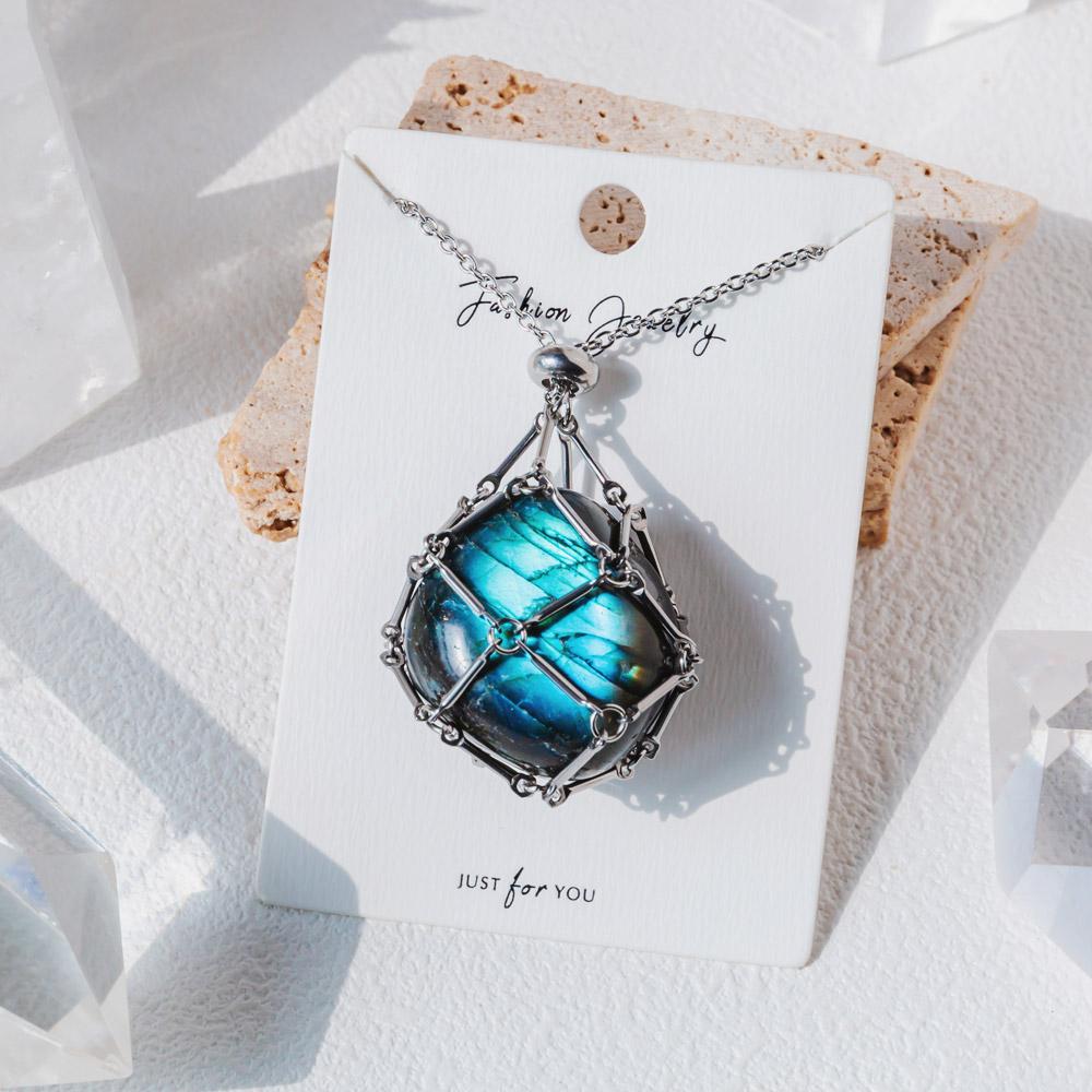 【Silver+Gold】Natural Crystal Net Metal Bamboo Necklace Woven Pendant