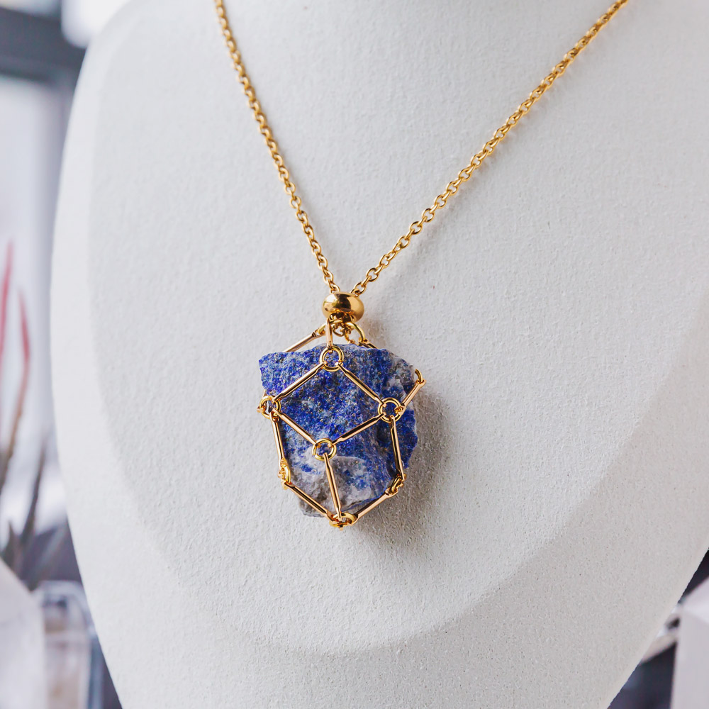 【Silver+Gold】Natural Crystal Net Metal Bamboo Necklace Woven Pendant