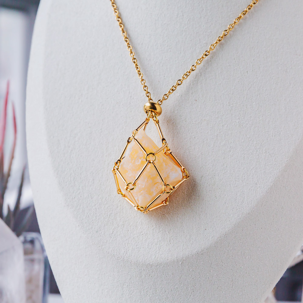 【Silver+Gold】Natural Crystal Net Metal Bamboo Necklace Woven Pendant