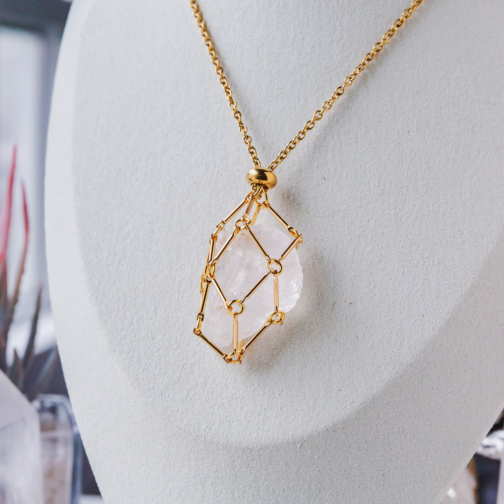 【Silver+Gold】Natural Crystal Net Metal Bamboo Necklace Woven Pendant
