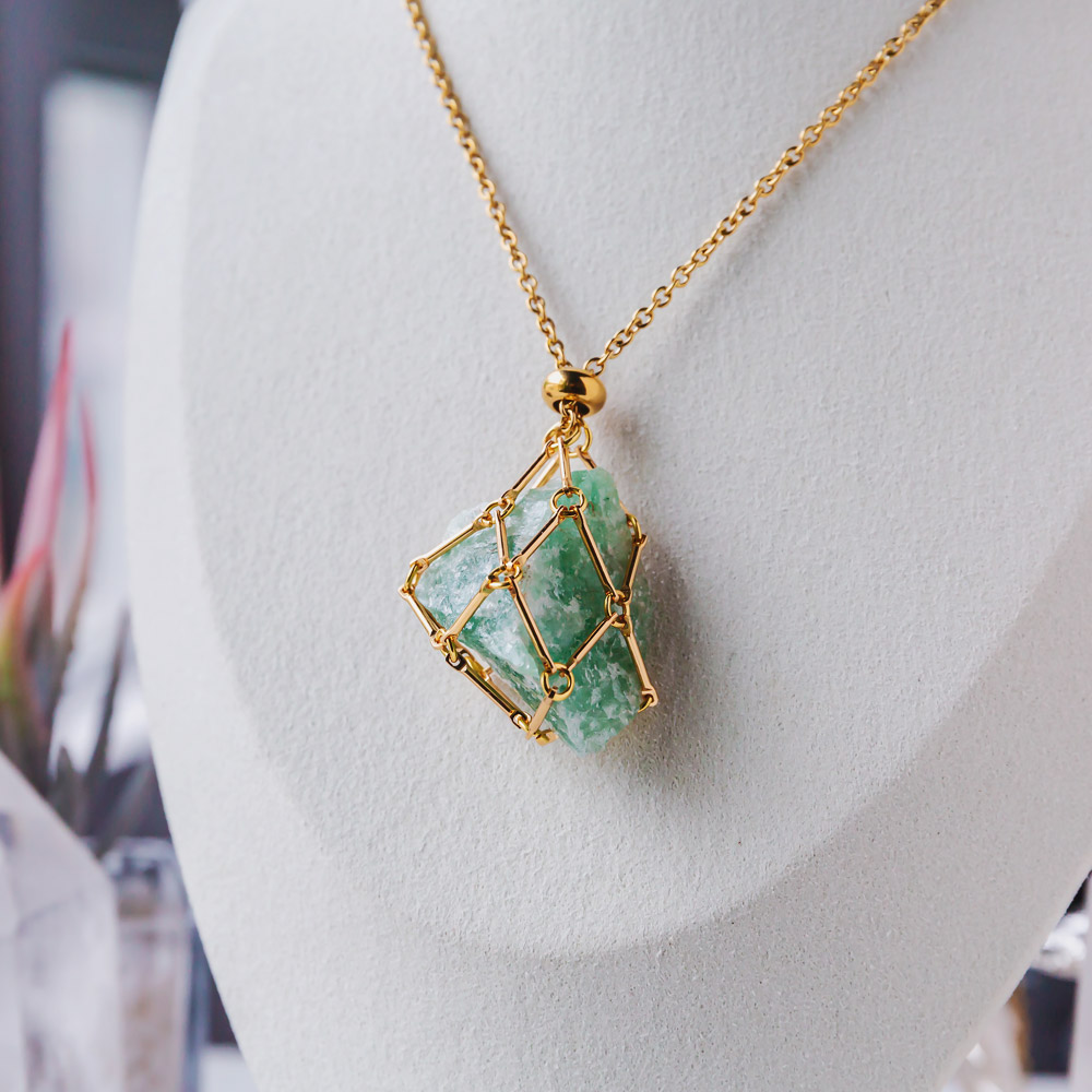 【Silver+Gold】Natural Crystal Net Metal Bamboo Necklace Woven Pendant
