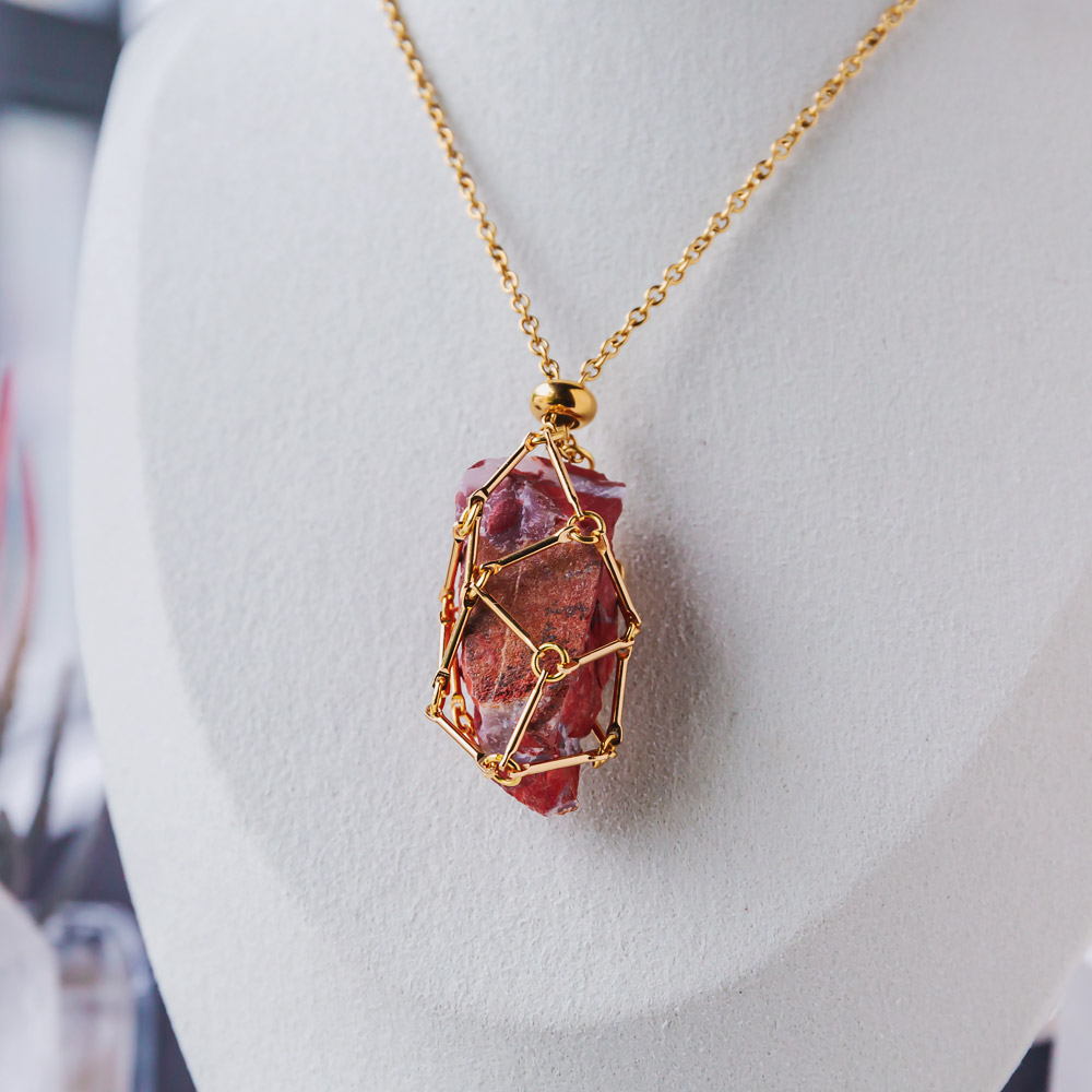 【Silver+Gold】Natural Crystal Net Metal Bamboo Necklace Woven Pendant