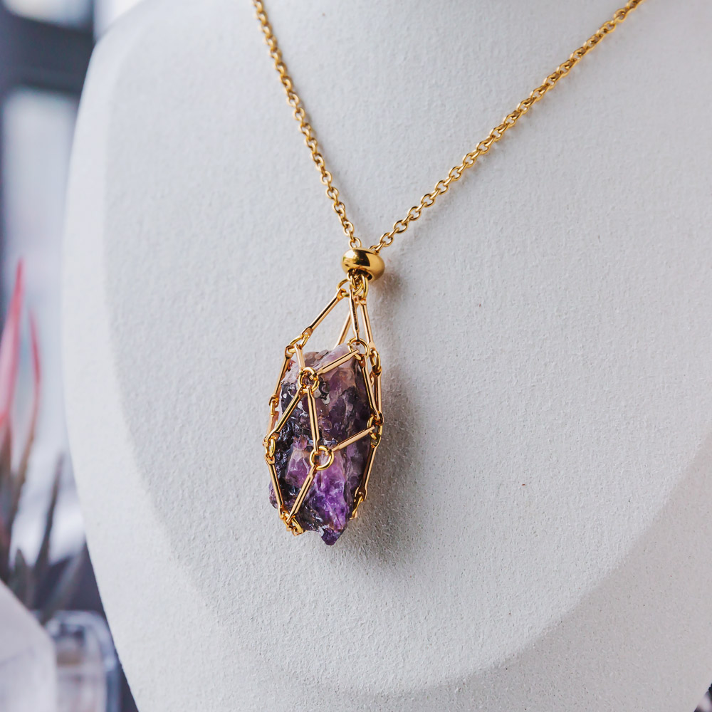 【Silver+Gold】Natural Crystal Net Metal Bamboo Necklace Woven Pendant