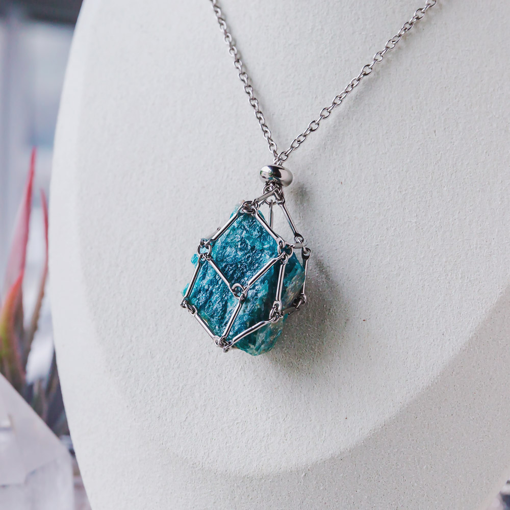 【Silver+Gold】Natural Crystal Net Metal Bamboo Necklace Woven Pendant