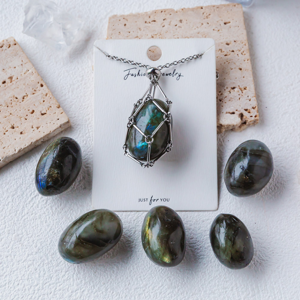 【Silver+Gold】Natural Crystal Net Metal Bamboo Necklace Woven Pendant