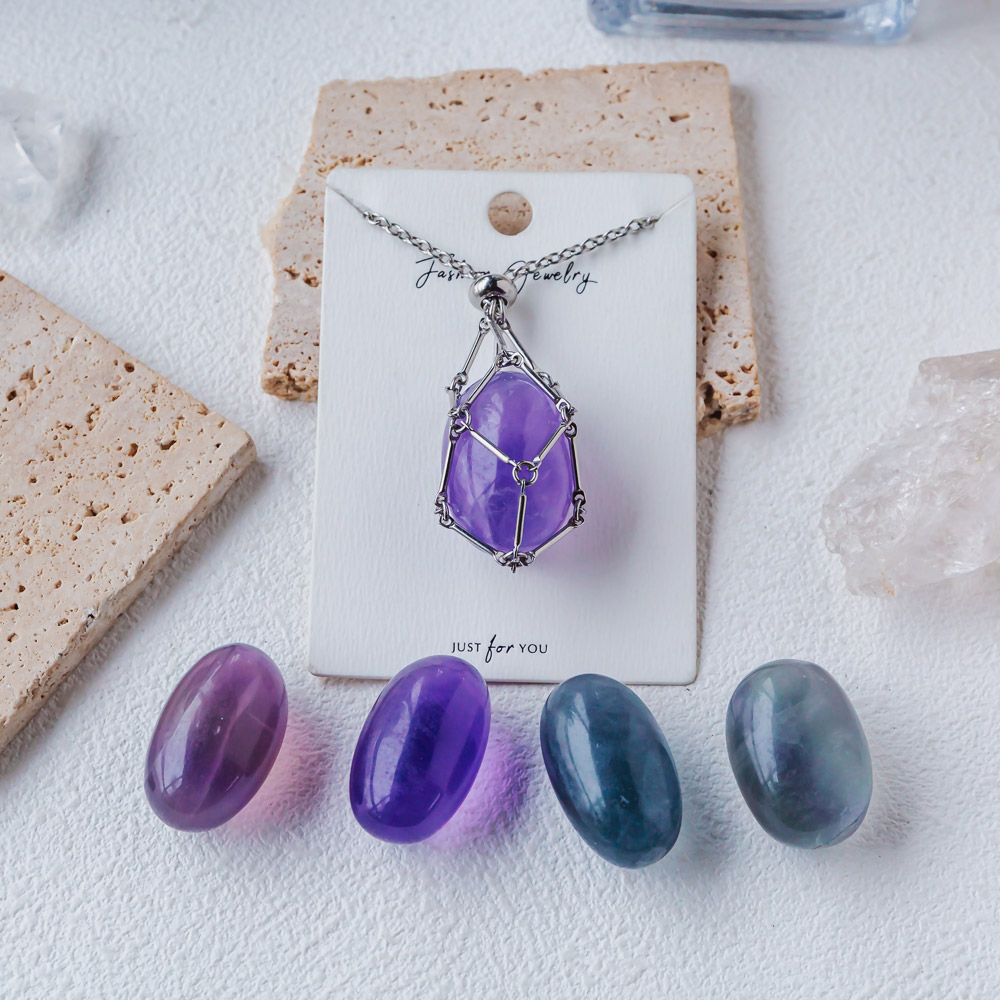 【Silver+Gold】Natural Crystal Net Metal Bamboo Necklace Woven Pendant