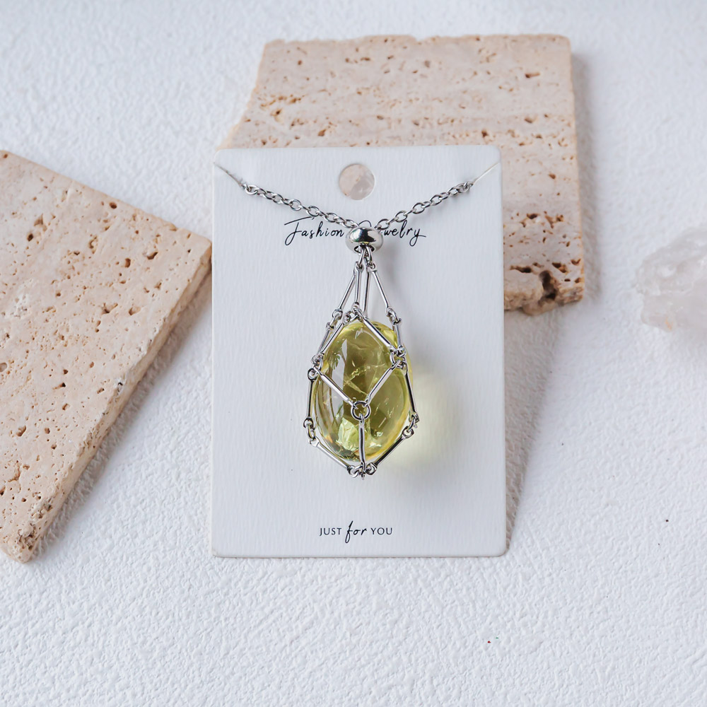【Silver+Gold】Natural Crystal Net Metal Bamboo Necklace Woven Pendant