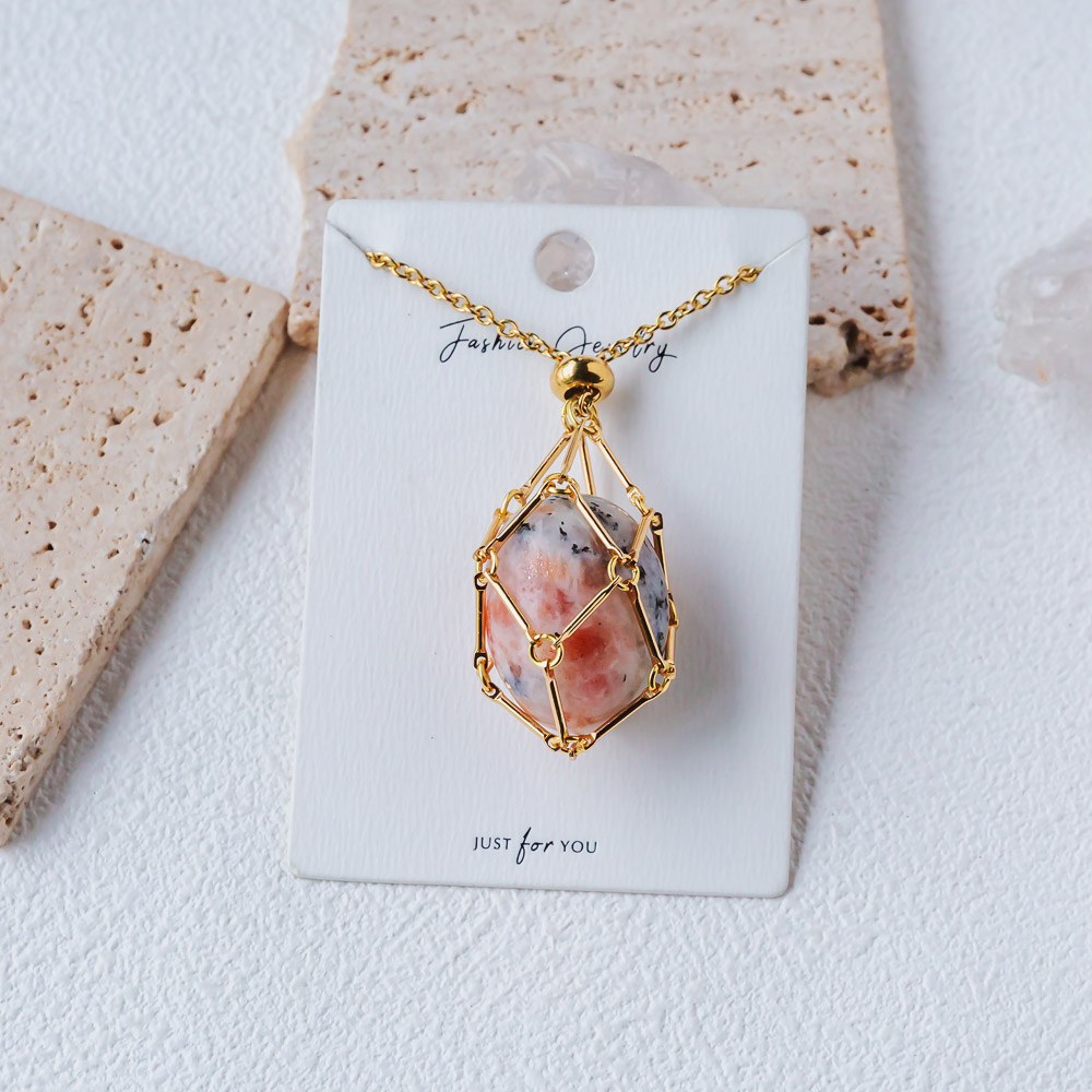 【Silver+Gold】Natural Crystal Net Metal Bamboo Necklace Woven Pendant