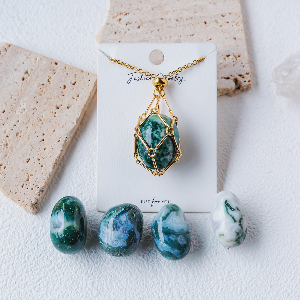 【Silver+Gold】Natural Crystal Net Metal Bamboo Necklace Woven Pendant