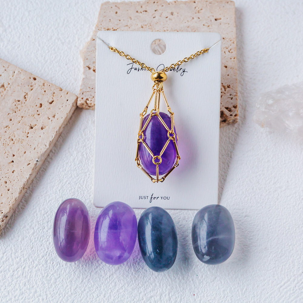 Gold Natural Crystal Net Metal Bamboo Necklace【Point/Tumbled】