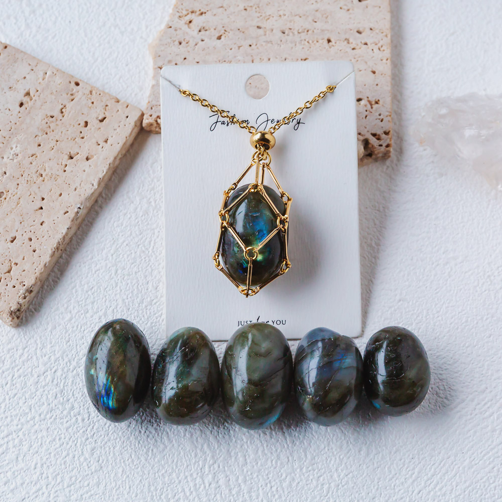 Gold Natural Crystal Net Metal Bamboo Necklace【Point/Tumbled】