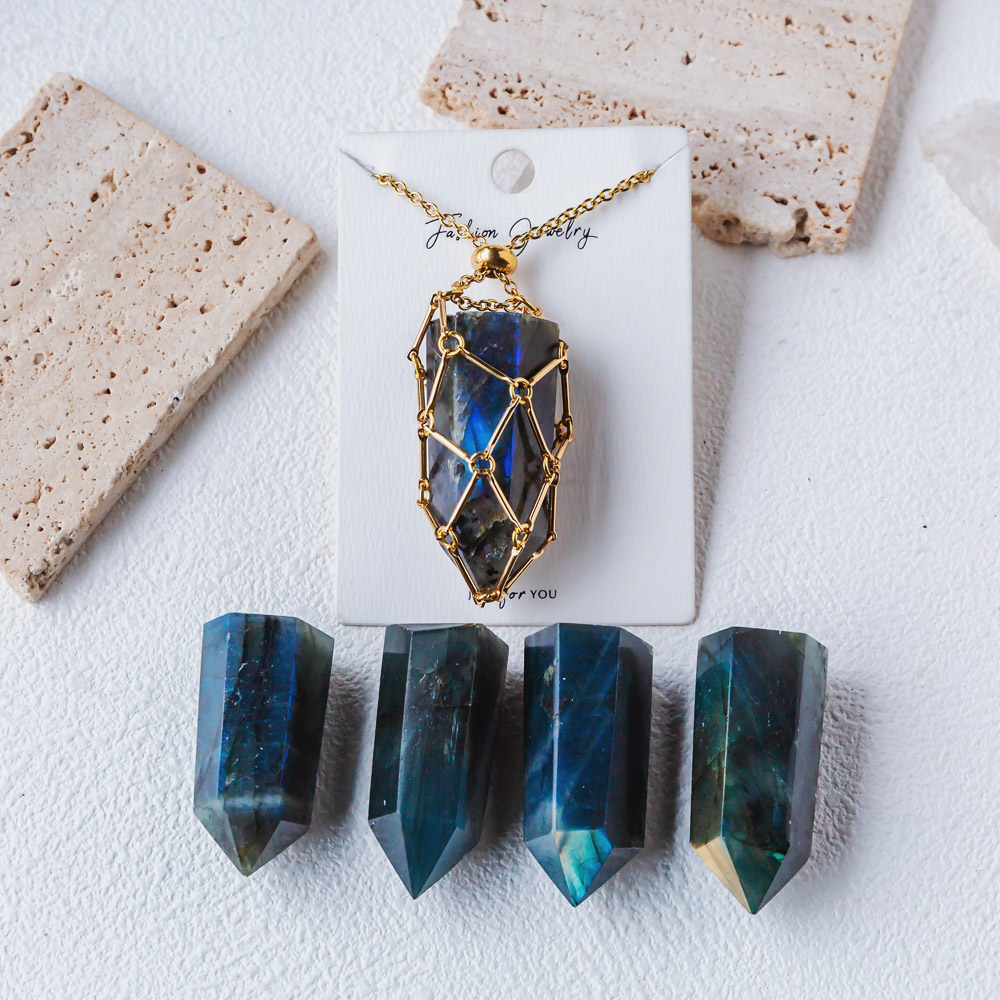 【Silver+Gold】Natural Crystal Net Metal Bamboo Necklace Woven Pendant