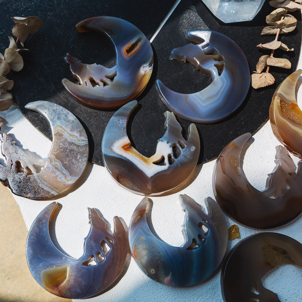 Moon And Wolf Agate Carving