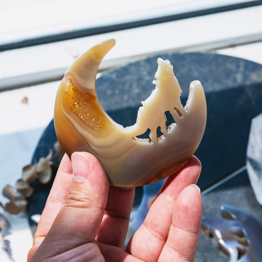 Moon And Wolf Agate Carving