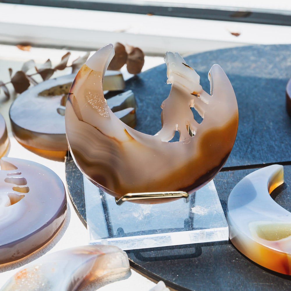 Moon And Wolf Agate Carving