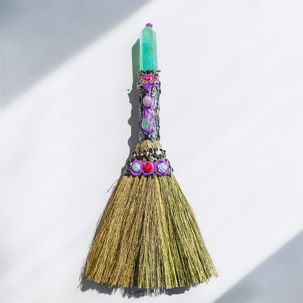 Reikistal Wiccan Broom Crystal Raw Stone Handmade Magic Broom