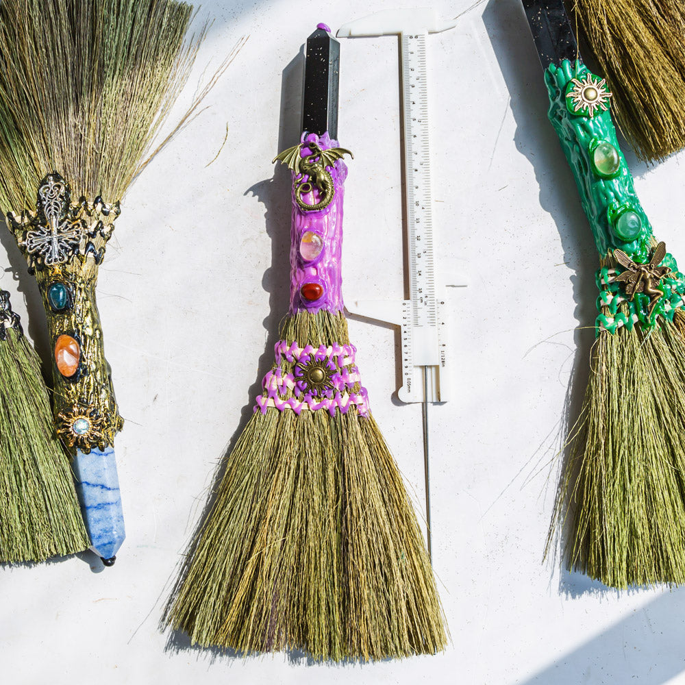 Reikistal Wiccan Broom Crystal Raw Stone Handmade Magic Broom