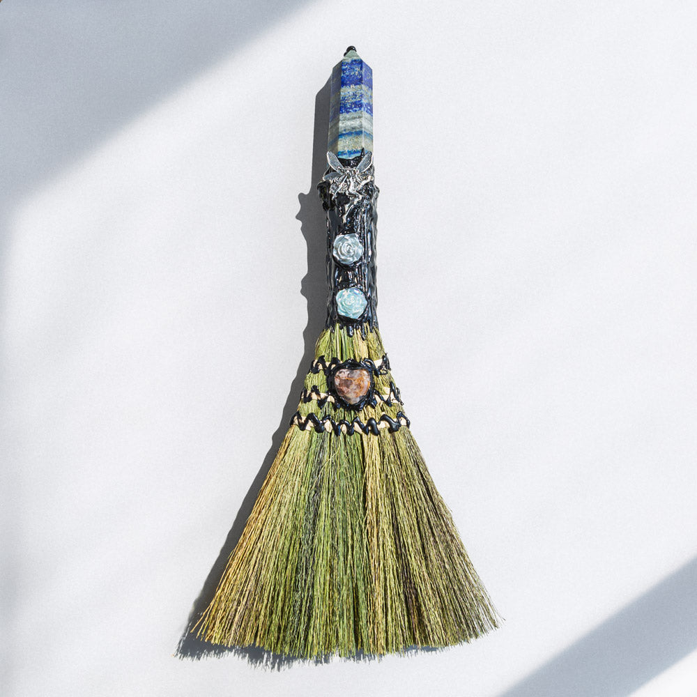 Reikistal Wiccan Broom Crystal Raw Stone Handmade Magic Broom