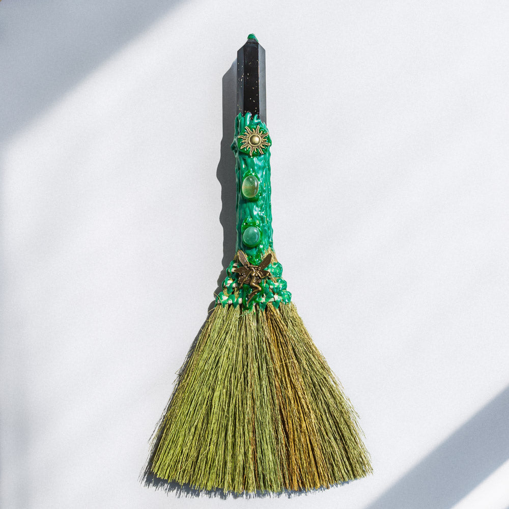 Reikistal Wiccan Broom Crystal Raw Stone Handmade Magic Broom