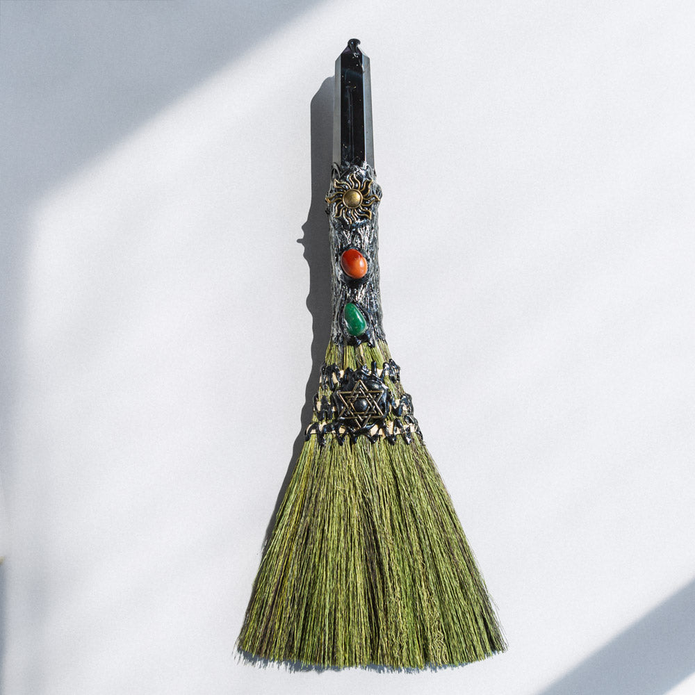 Reikistal Wiccan Broom Crystal Raw Stone Handmade Magic Broom