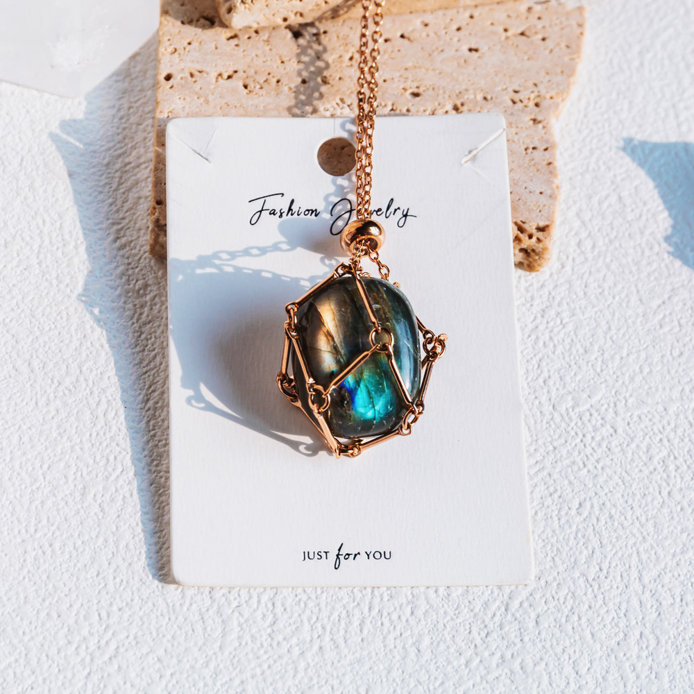 Reikistal Rose Gold Net Metal Bamboo Necklace Woven Pendant