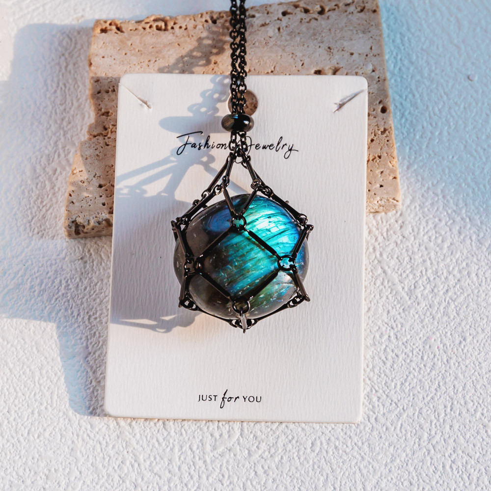 Reikistal Black Net Metal Bamboo Necklace Woven Pendant