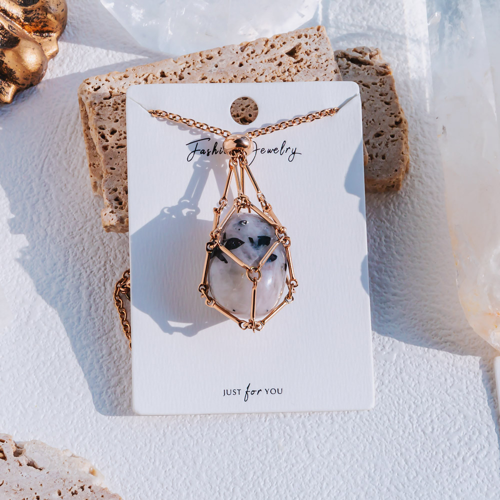 Reikistal Rose Gold Net Metal Bamboo Necklace Woven Pendant