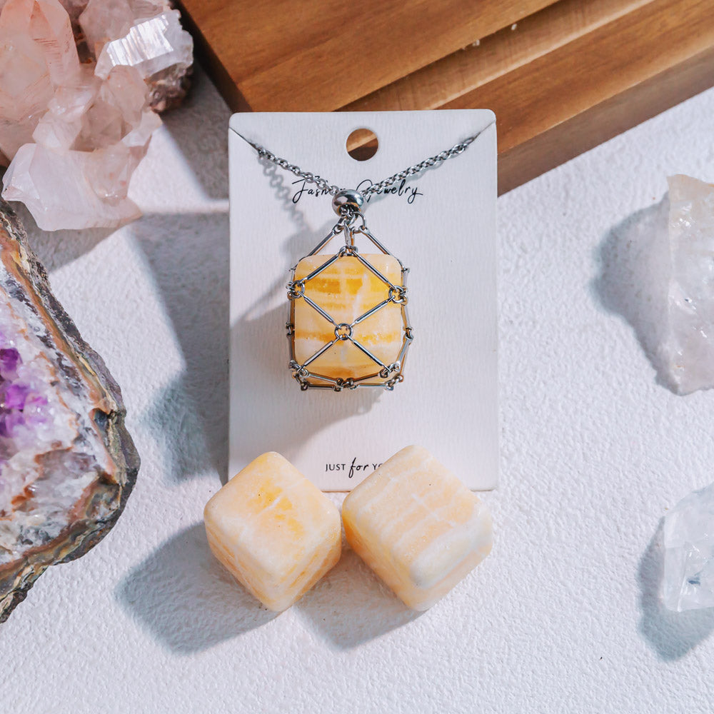 Natural Crystal Net Metal Bamboo Necklace【Cube】
