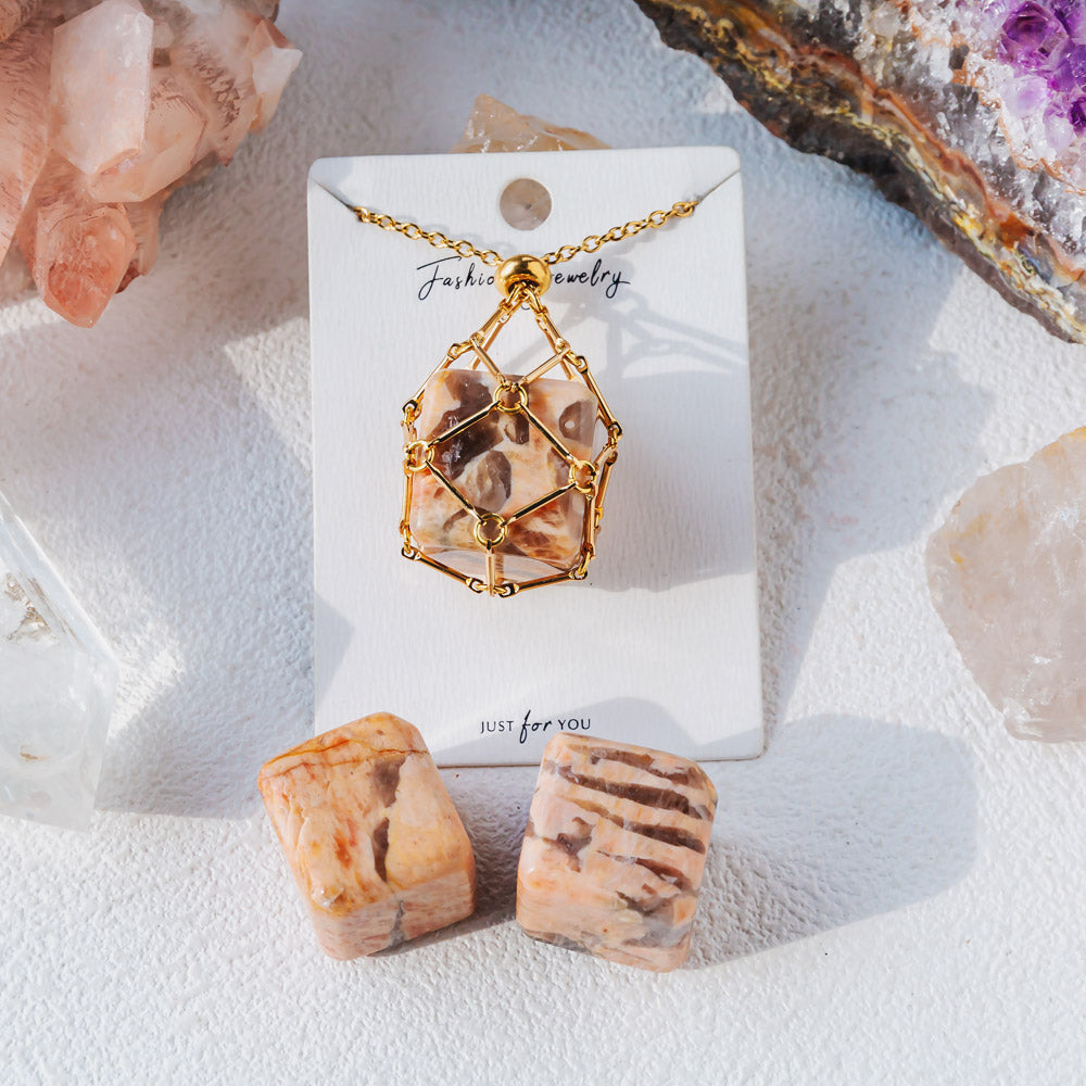 Natural Crystal Net Metal Bamboo Necklace【Cube】